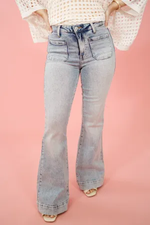 Risen Light Wash Front Pocket Flares, REG   CURVY