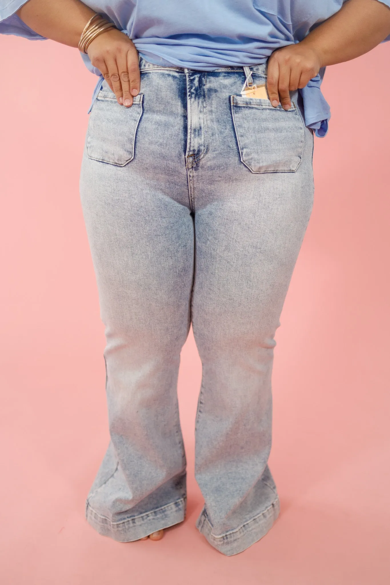 Risen Light Wash Front Pocket Flares, REG   CURVY