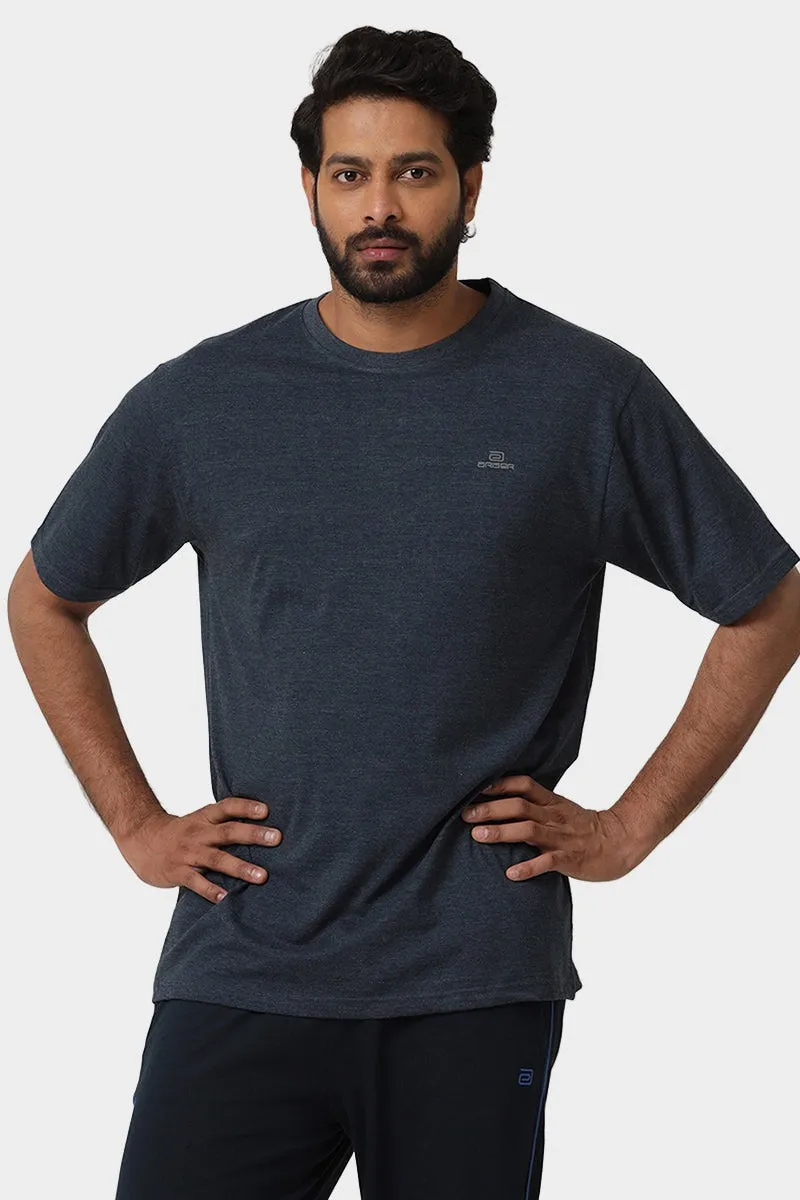 Round Neck - Navy Melange Solid T-Shirt For Men | Ariser