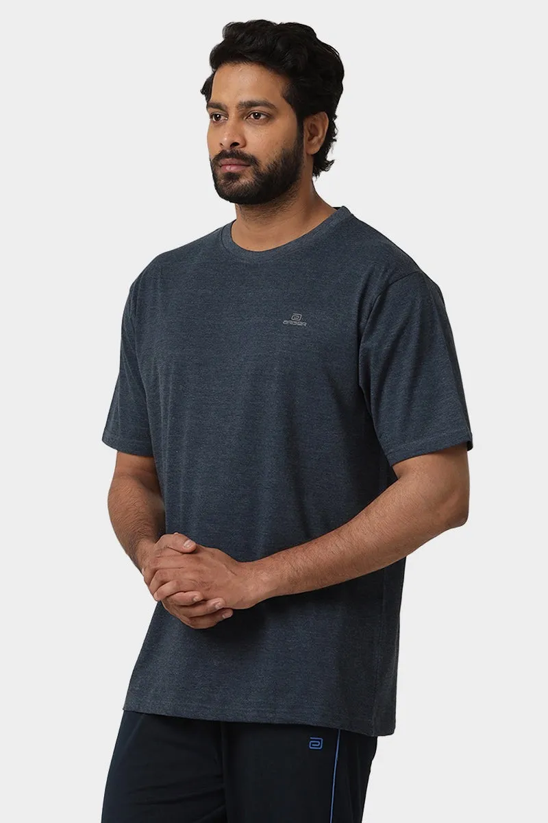 Round Neck - Navy Melange Solid T-Shirt For Men | Ariser