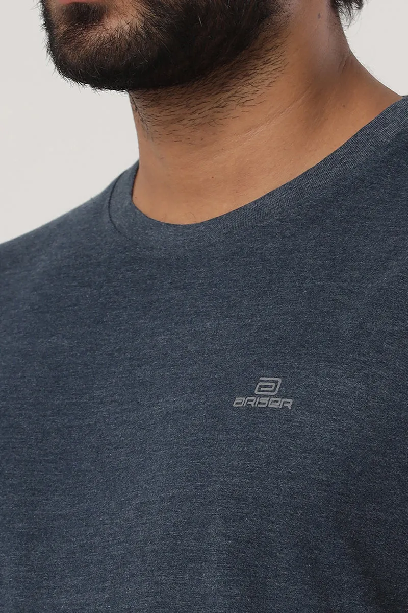 Round Neck - Navy Melange Solid T-Shirt For Men | Ariser