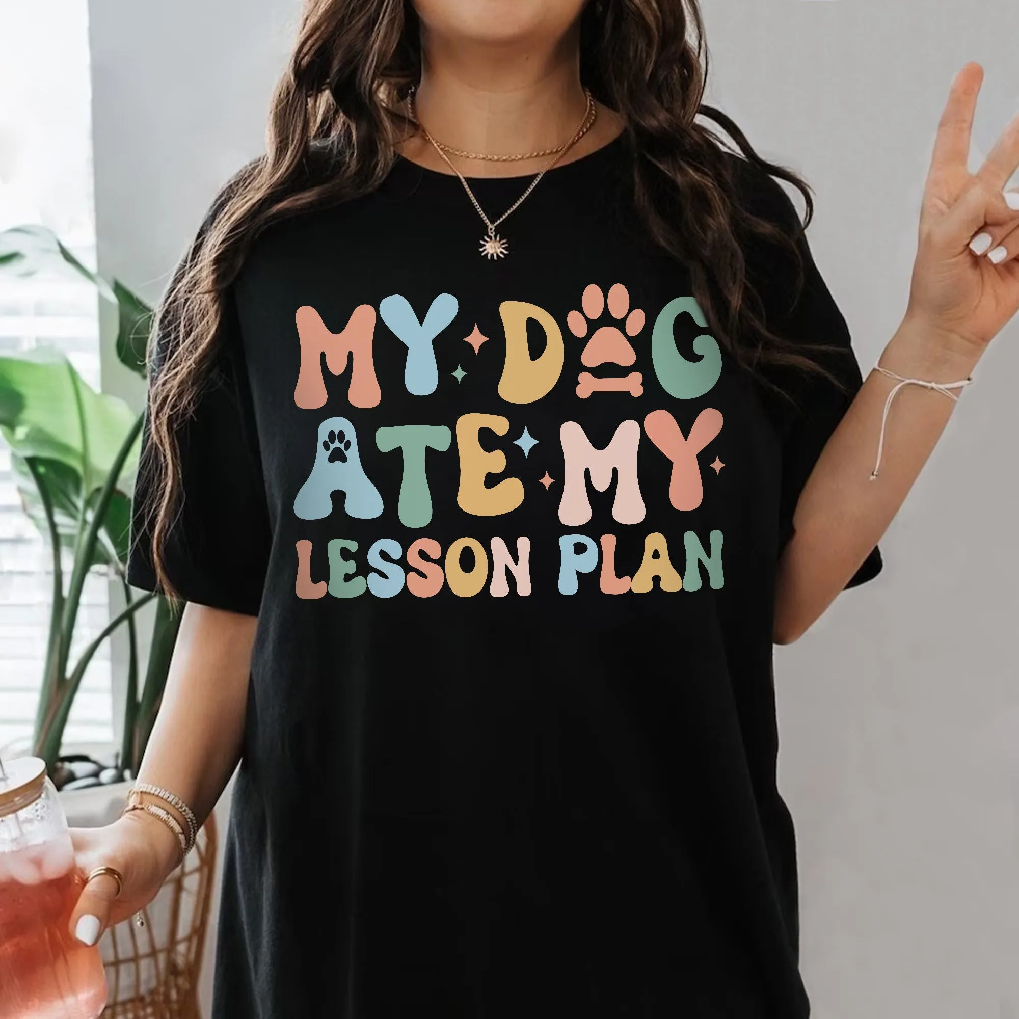 Sandjest Teacher T-Shirt My Dog Ate My Lesson Plan Gift for Kindergarten Teacher