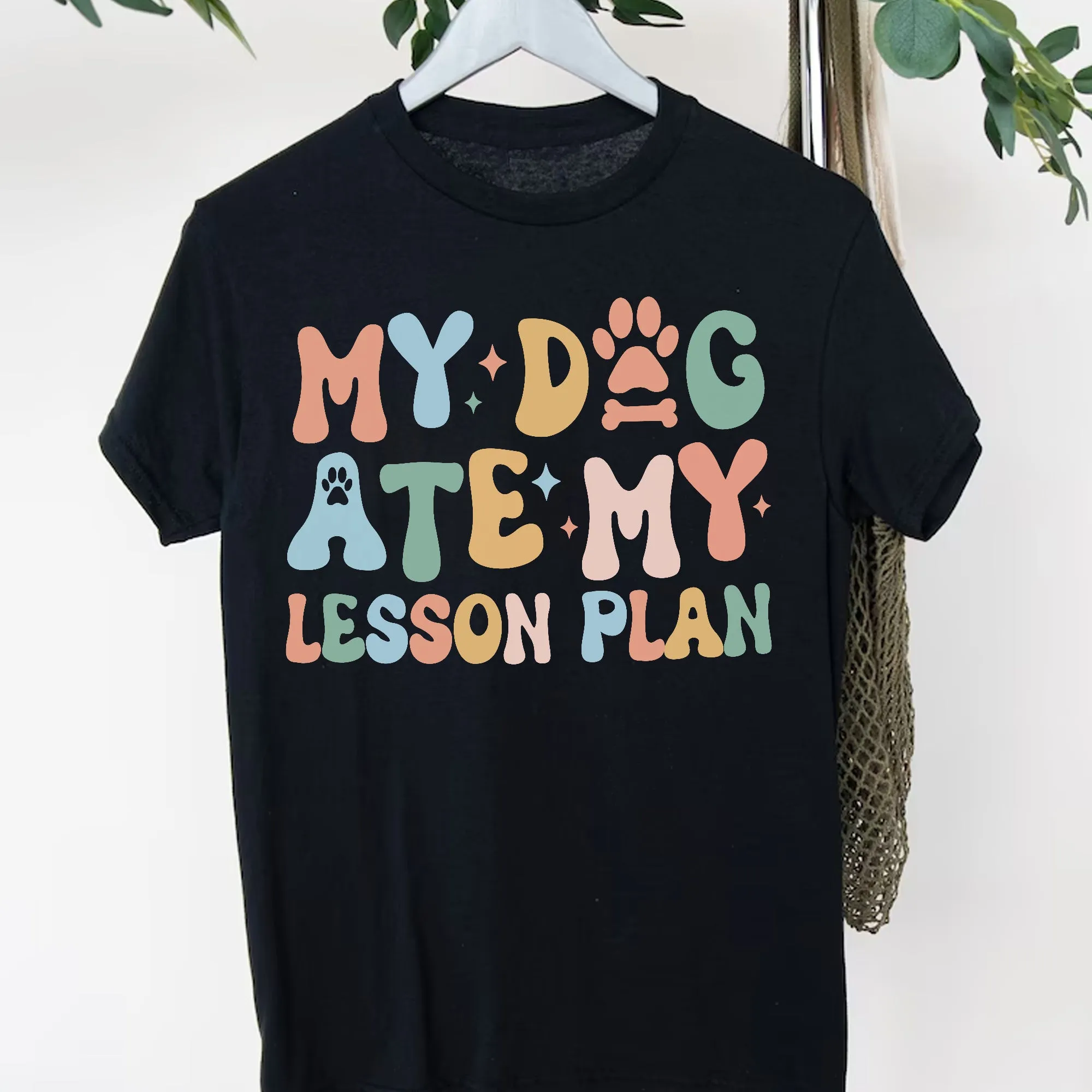 Sandjest Teacher T-Shirt My Dog Ate My Lesson Plan Gift for Kindergarten Teacher