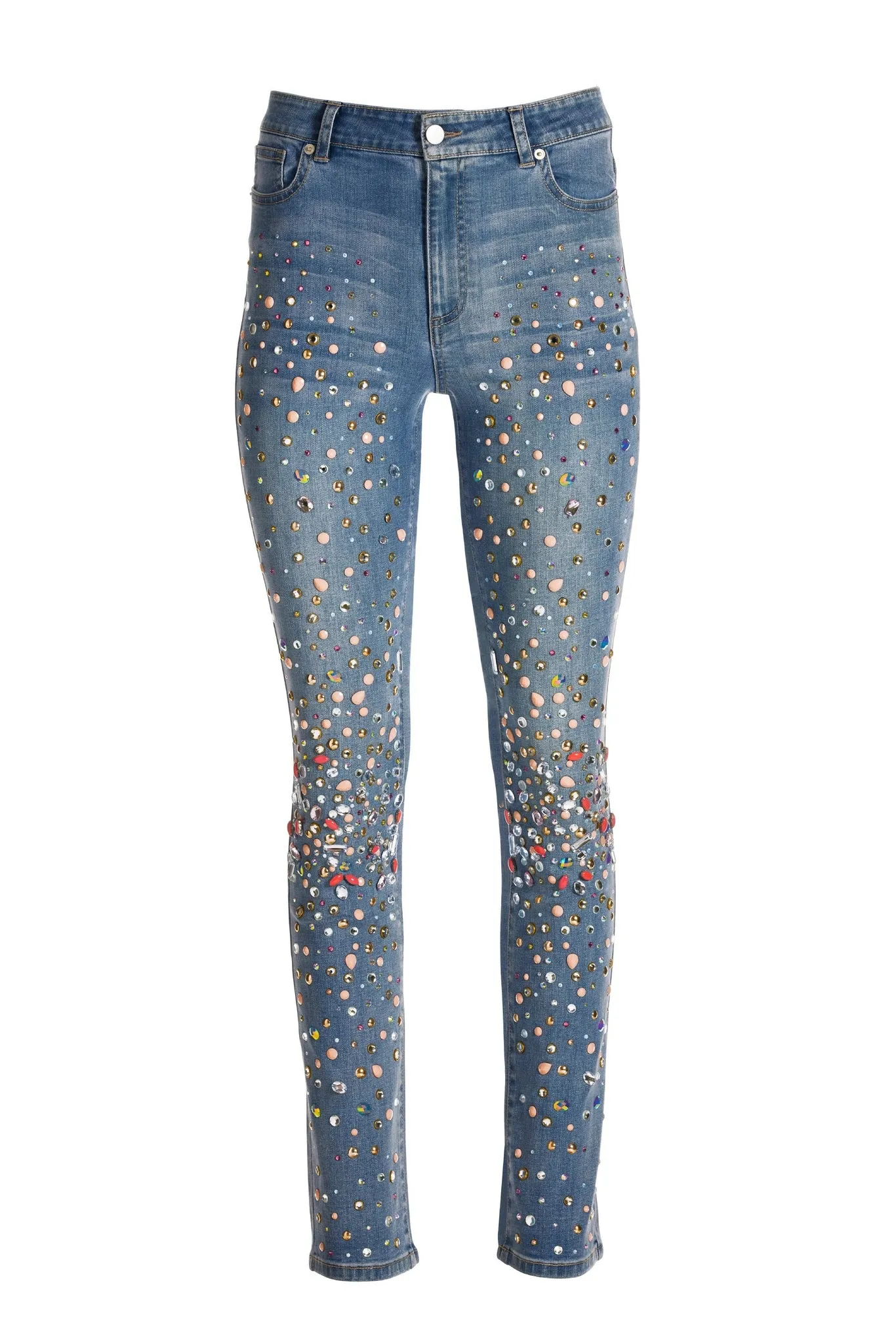 Scattered Embellishment Slim Straight Leg Jean Light Med Wash