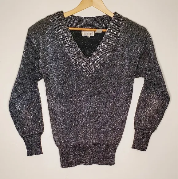 Silver Shine Metallic 80s Sweater with Sequined-Lined V-Neck