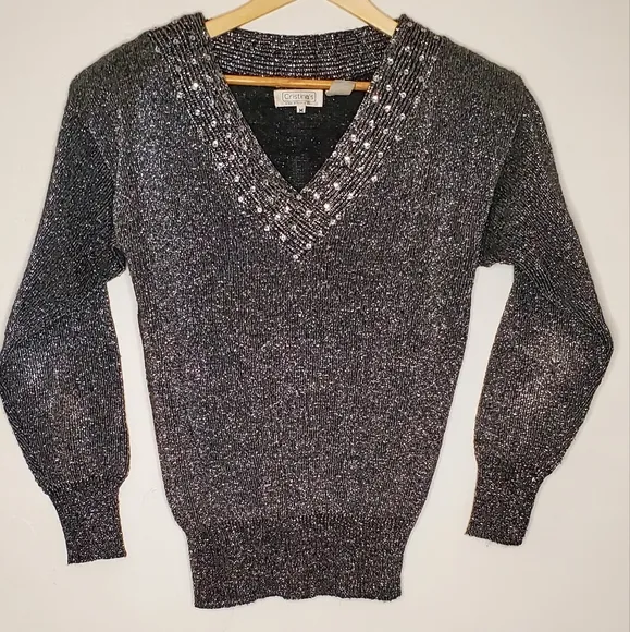 Silver Shine Metallic 80s Sweater with Sequined-Lined V-Neck