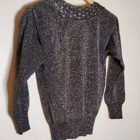 Silver Shine Metallic 80s Sweater with Sequined-Lined V-Neck