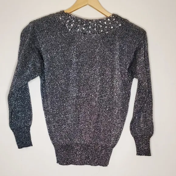 Silver Shine Metallic 80s Sweater with Sequined-Lined V-Neck