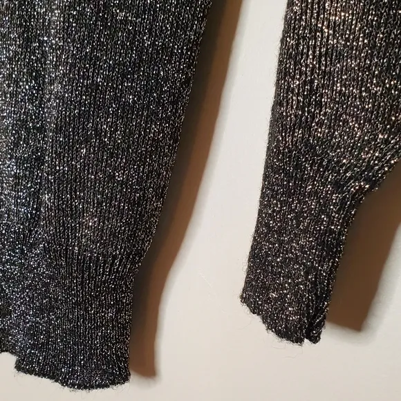 Silver Shine Metallic 80s Sweater with Sequined-Lined V-Neck