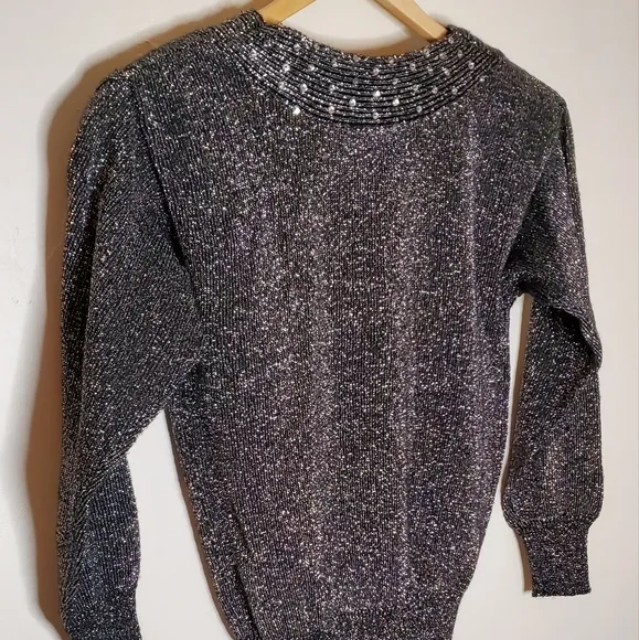 Silver Shine Metallic 80s Sweater with Sequined-Lined V-Neck