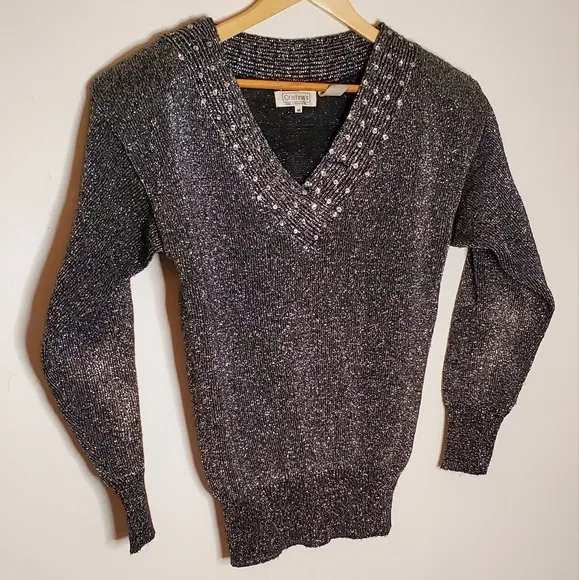 Silver Shine Metallic 80s Sweater with Sequined-Lined V-Neck