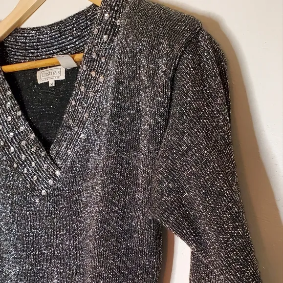 Silver Shine Metallic 80s Sweater with Sequined-Lined V-Neck
