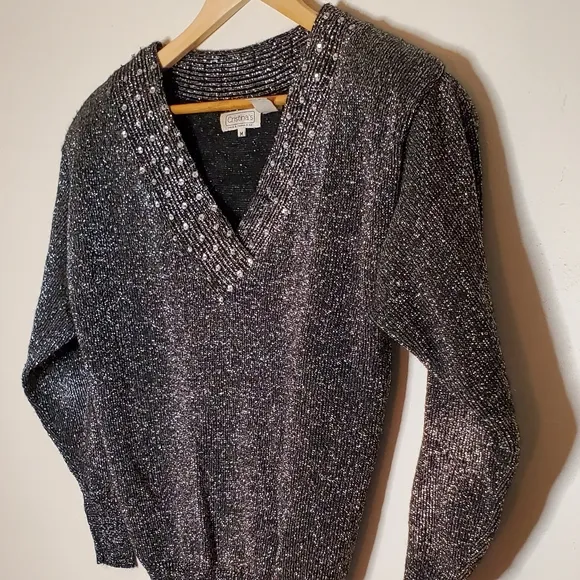 Silver Shine Metallic 80s Sweater with Sequined-Lined V-Neck