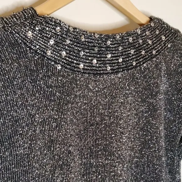 Silver Shine Metallic 80s Sweater with Sequined-Lined V-Neck