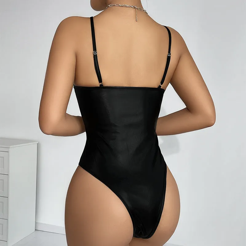 Sleek Black Faux Leather Slim-Fit Strap Bodysuit