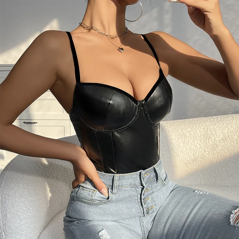 Sleek Black Faux Leather Slim-Fit Strap Bodysuit