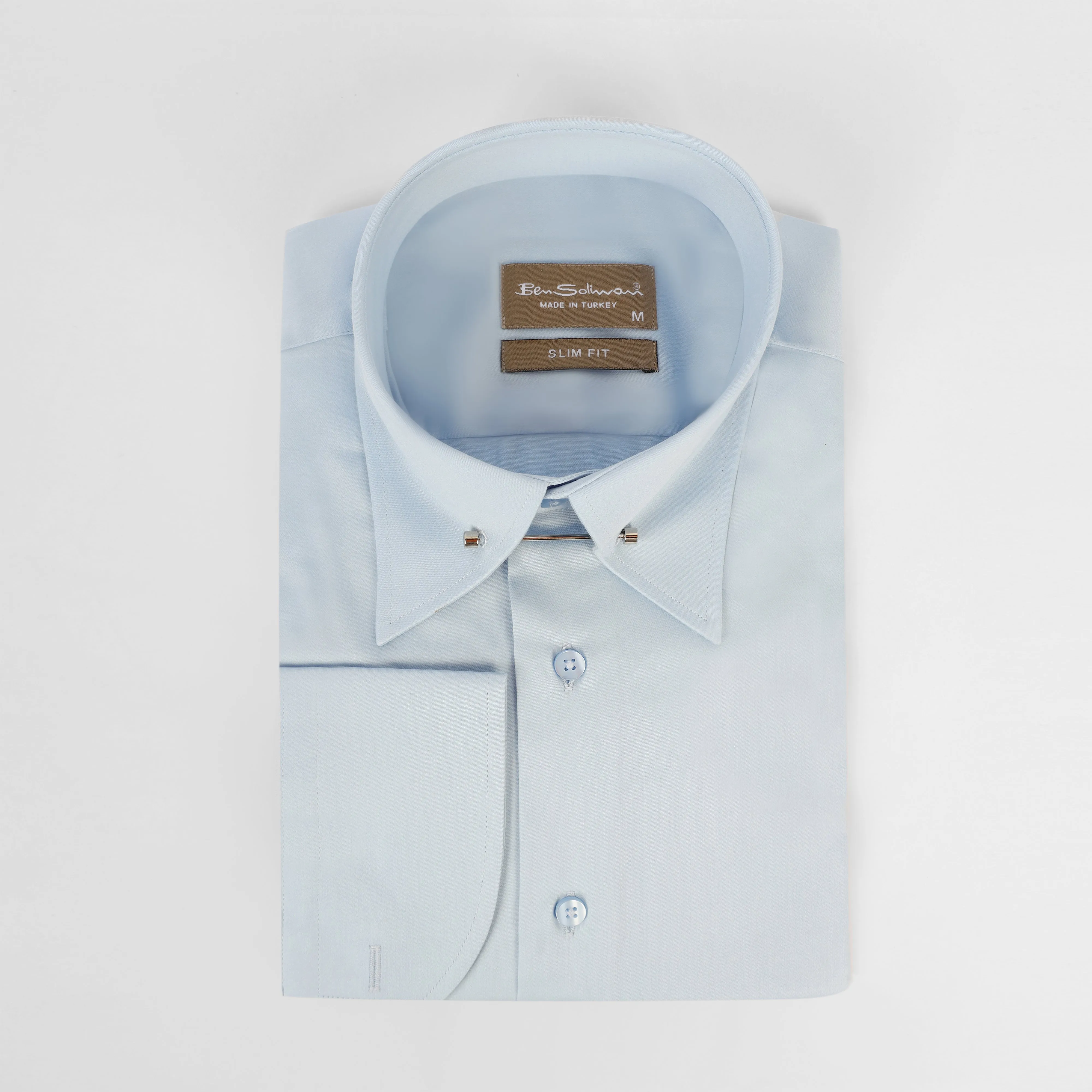Slim Fit light Blue Cotton Shirt - lapel pin-Turkish Made