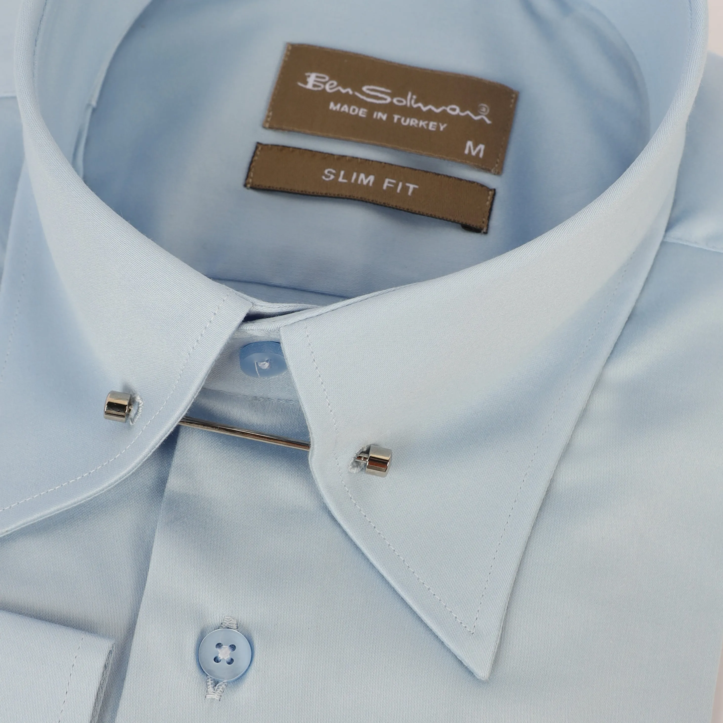 Slim Fit light Blue Cotton Shirt - lapel pin-Turkish Made