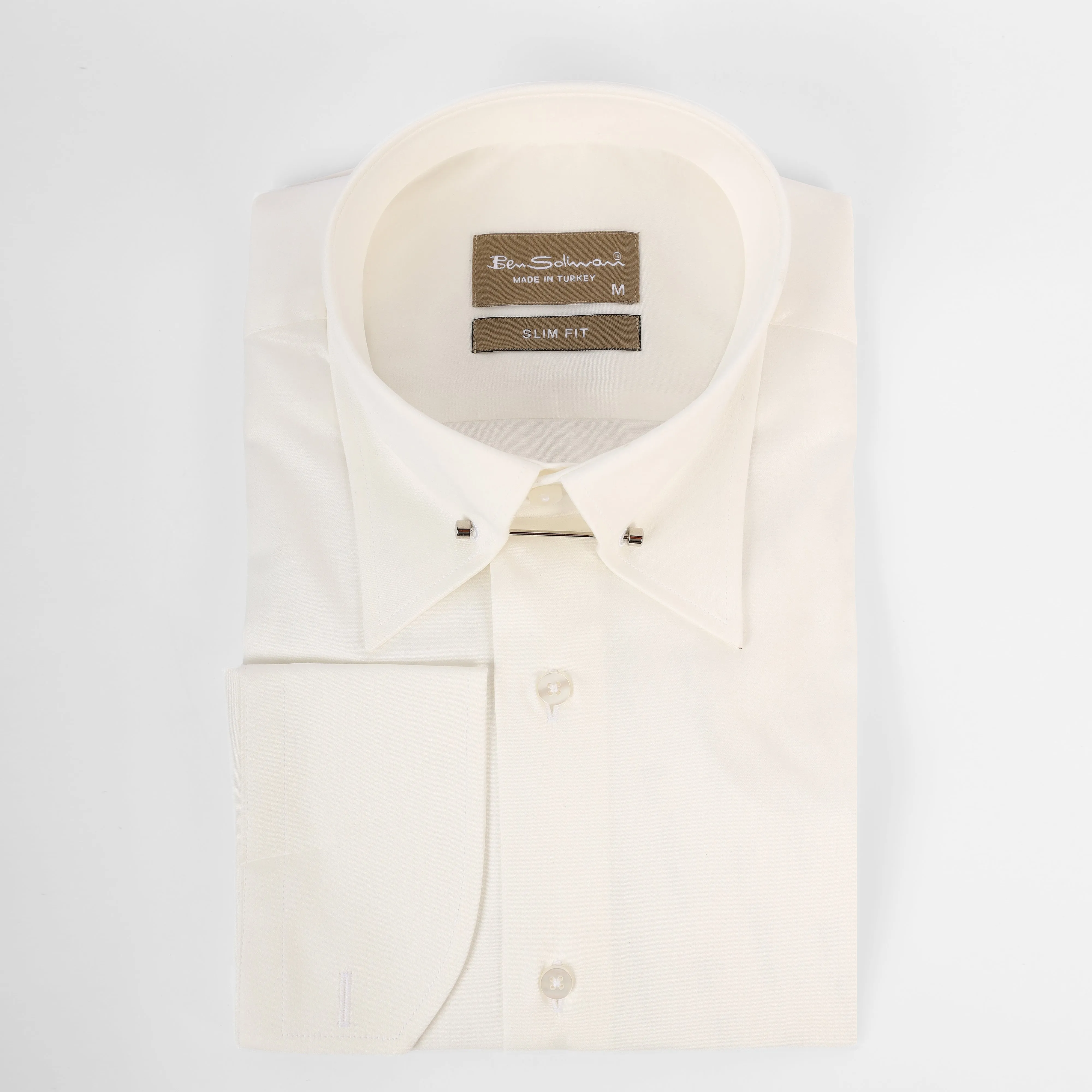 Slim Fit Offwhite Cotton Shirt - lapel pin-Turkish Made
