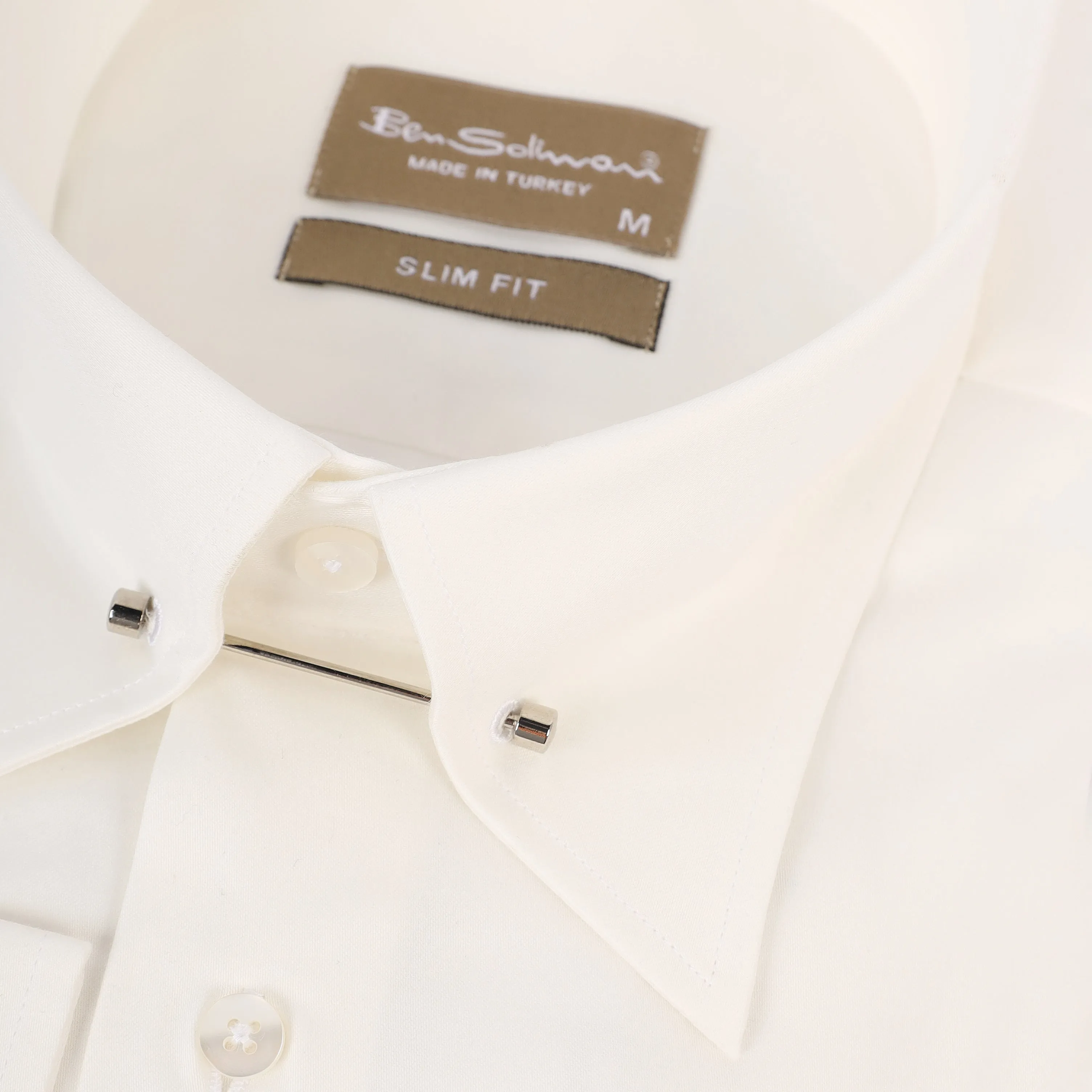 Slim Fit Offwhite Cotton Shirt - lapel pin-Turkish Made
