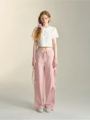 Soft Pink Ribbon Drawstring Pants