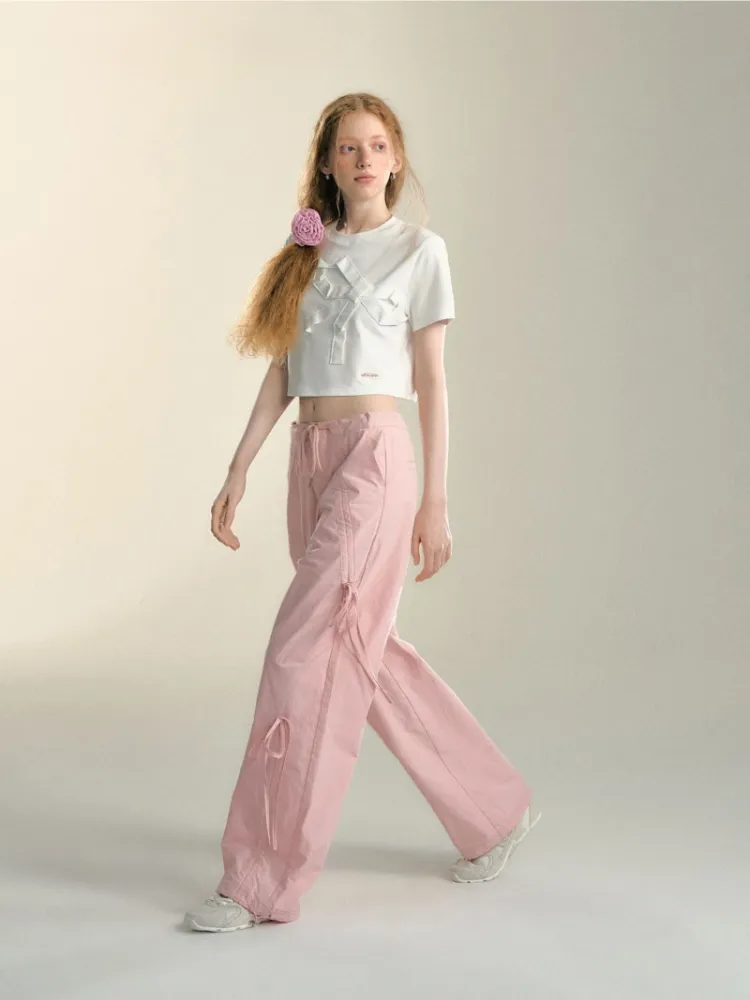 Soft Pink Ribbon Drawstring Pants