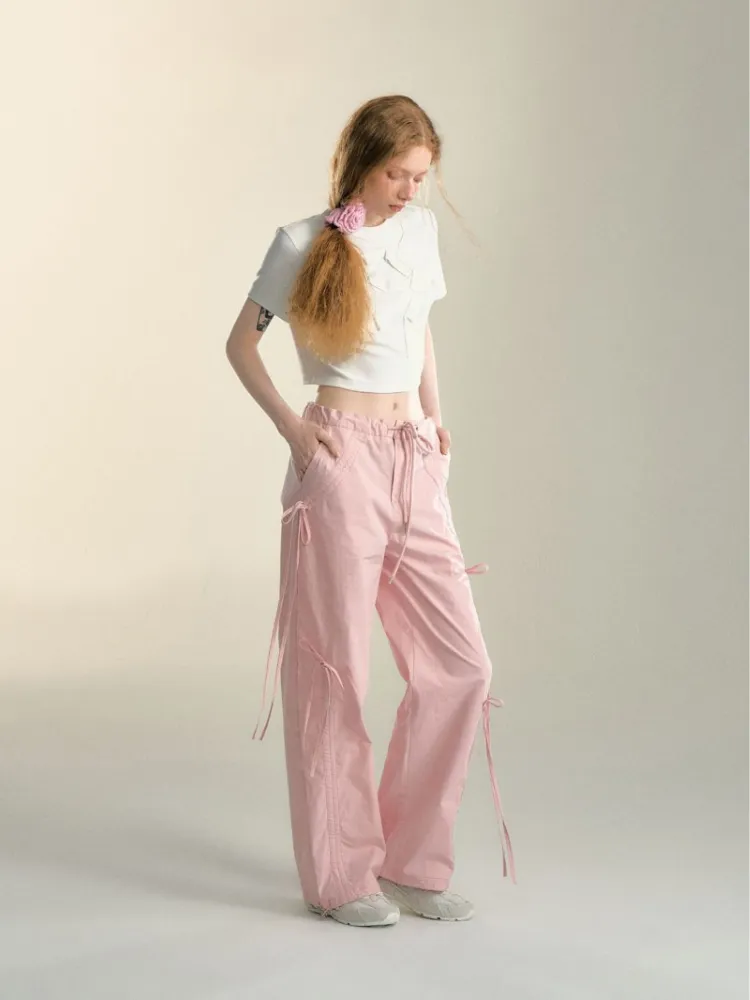 Soft Pink Ribbon Drawstring Pants
