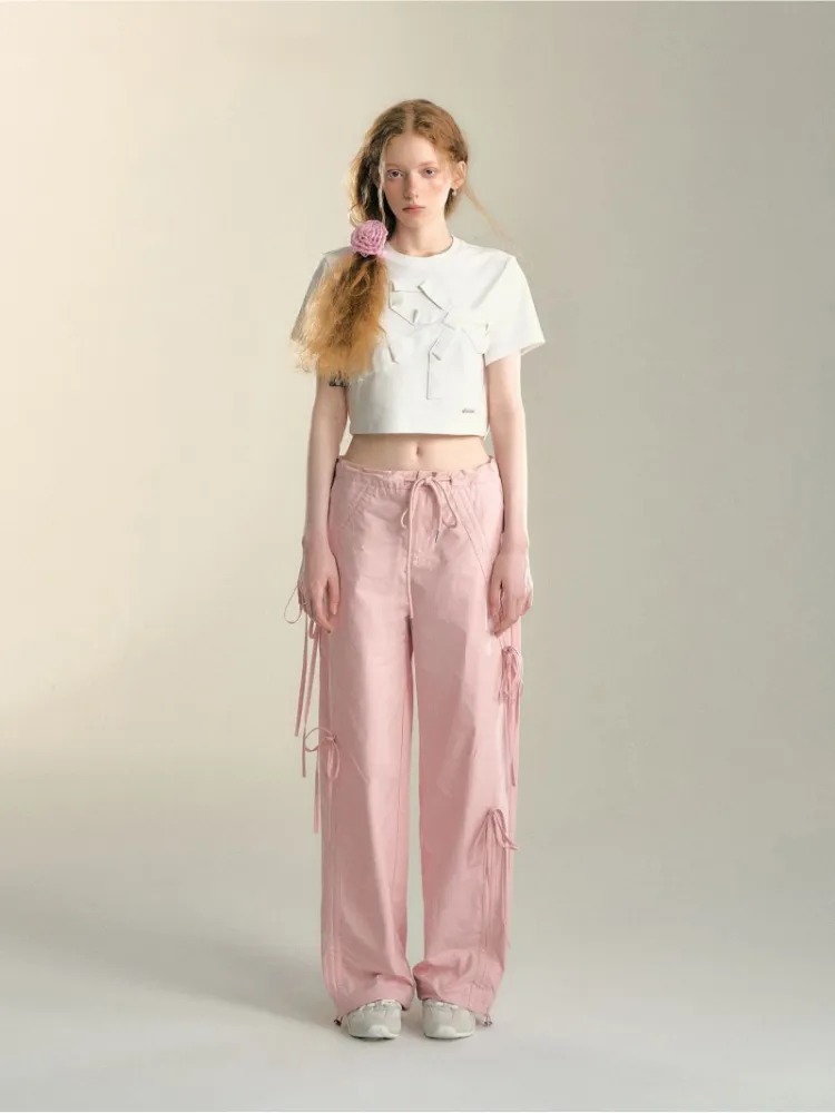 Soft Pink Ribbon Drawstring Pants