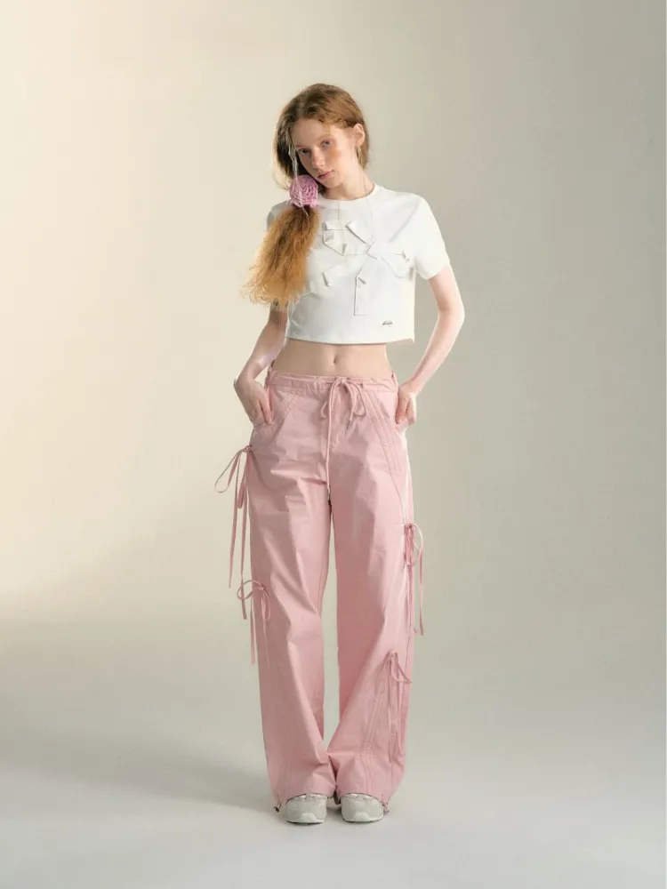 Soft Pink Ribbon Drawstring Pants