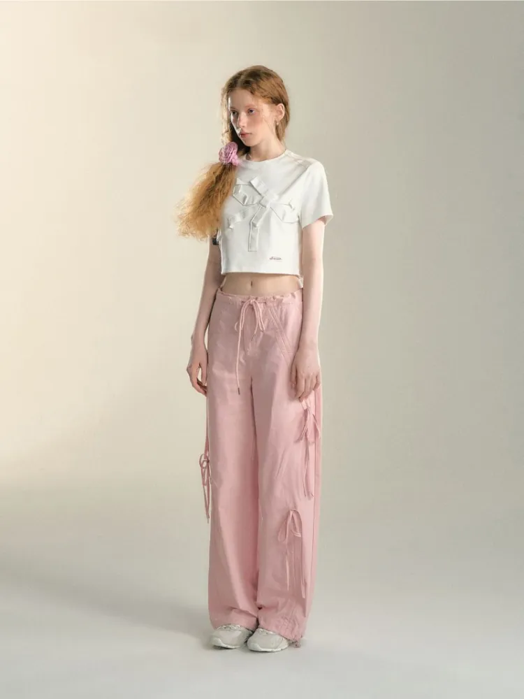 Soft Pink Ribbon Drawstring Pants