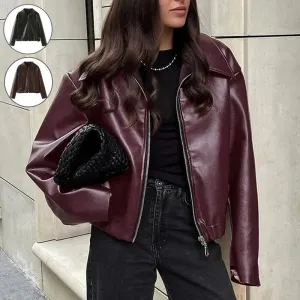 Solid Color Lapel Zipper Jacket Fashion Casual Long Sleeve Leather Coat Tops Women Clothing