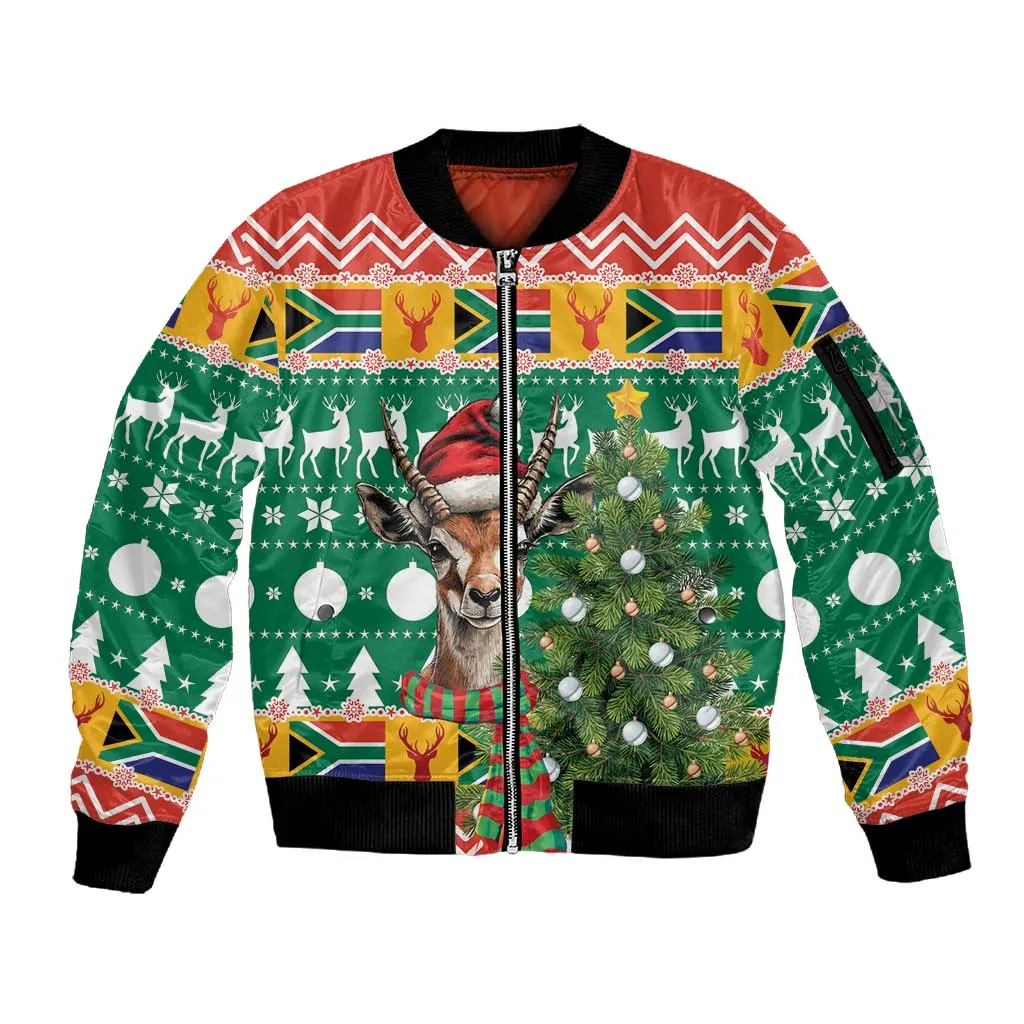 South Africa Springbok Sleeve Zip Bomber Jacket Christmas Tree - Lightning Art LT18