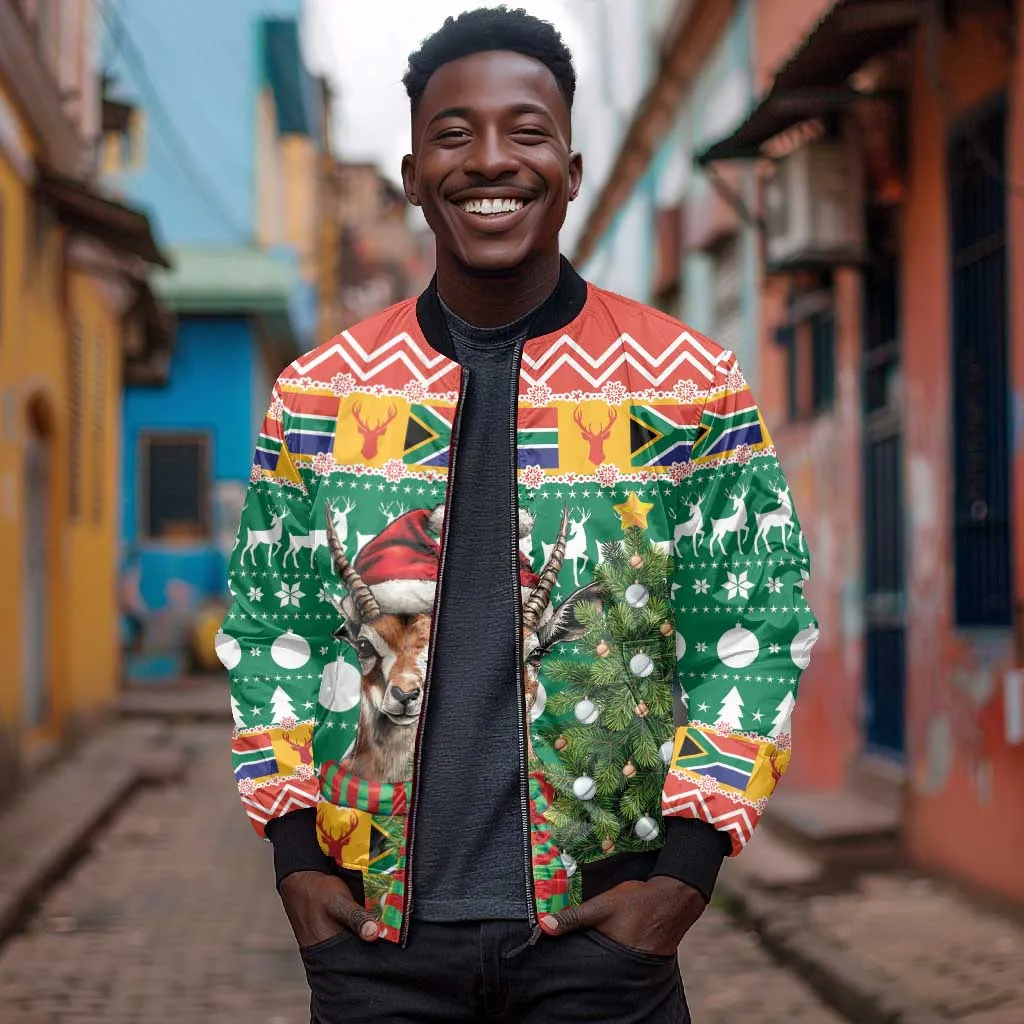 South Africa Springbok Sleeve Zip Bomber Jacket Christmas Tree - Lightning Art LT18