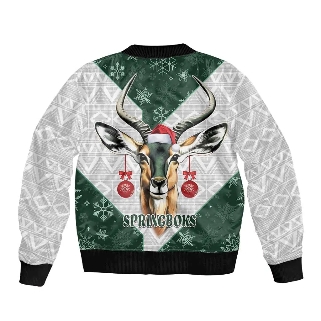 South Africa Springboks Christmas Sleeve Zip Bomber Jacket Bokke Santa - Geseende Kersfees LT14
