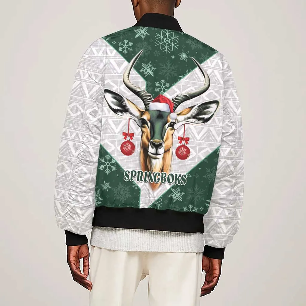South Africa Springboks Christmas Sleeve Zip Bomber Jacket Bokke Santa - Geseende Kersfees LT14