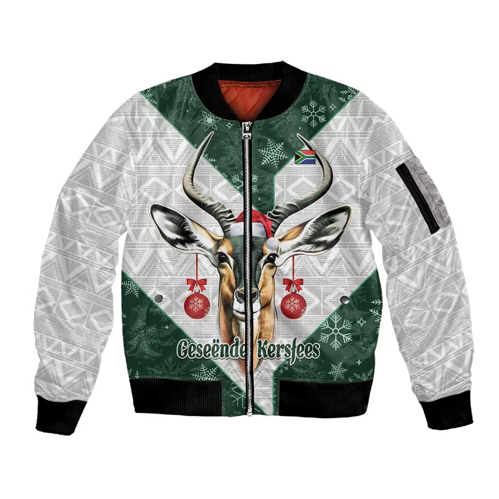 South Africa Springboks Christmas Sleeve Zip Bomber Jacket Bokke Santa - Geseende Kersfees LT14