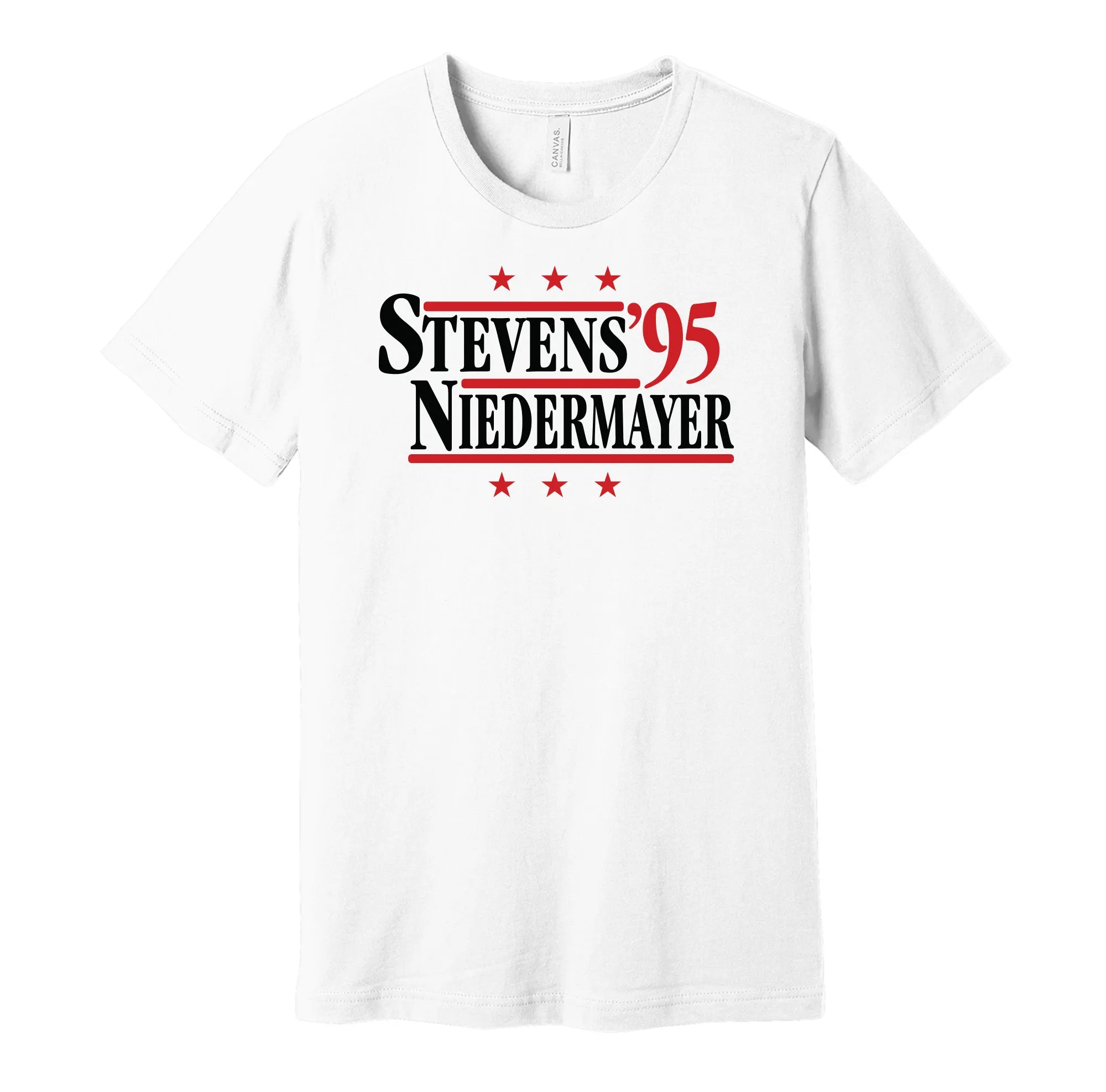 Stevens & Niedermayer '95 - New Jersey Hockey Legends Political Campaign Parody T-Shirt - Hyper Than Hype Shirts