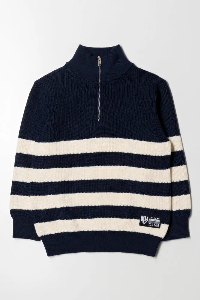 Stripe Quarter Zip Jersey Navy And White