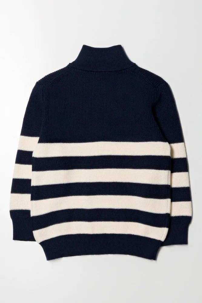 Stripe Quarter Zip Jersey Navy And White