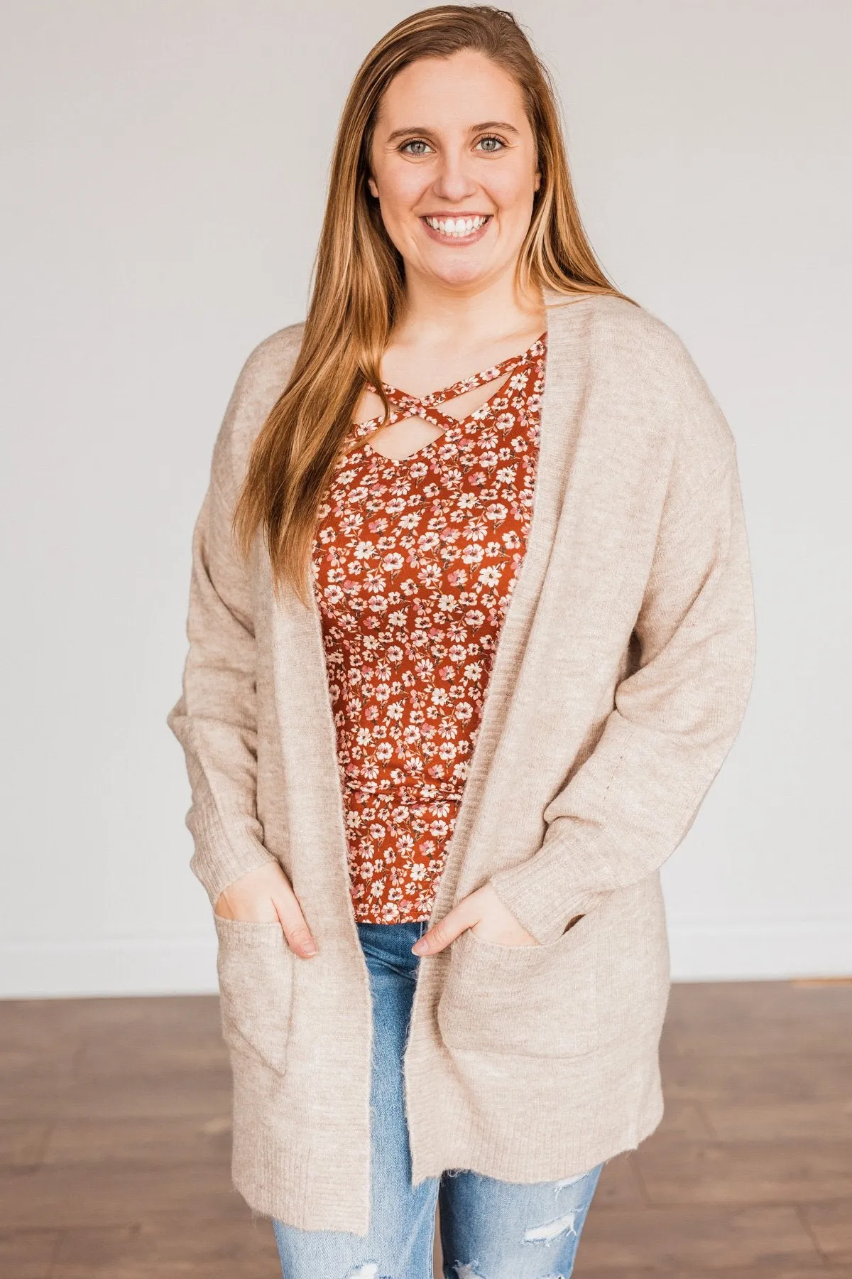 Talk Of The Town Long Knit Cardigan- Taupe