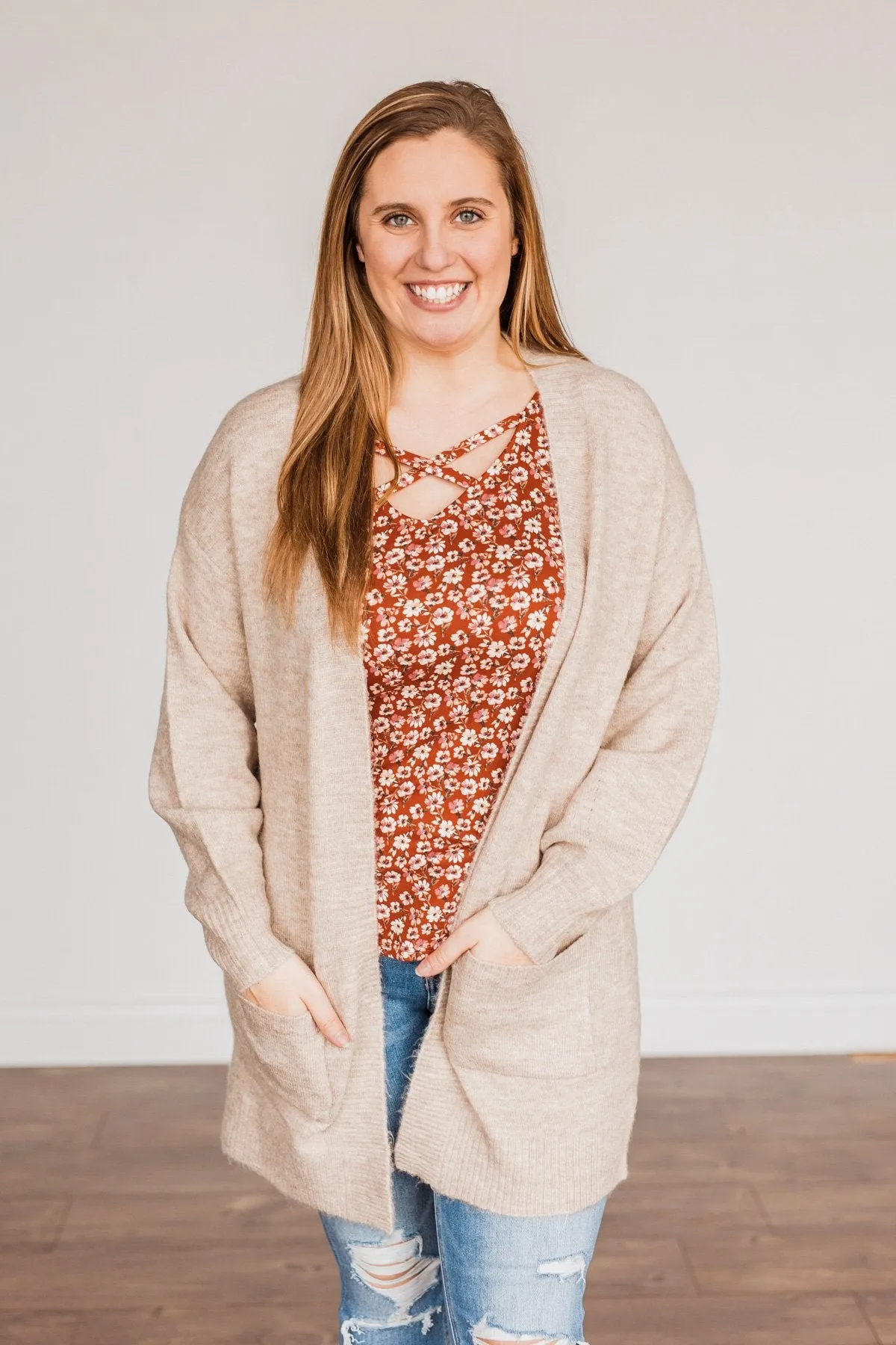 Talk Of The Town Long Knit Cardigan- Taupe
