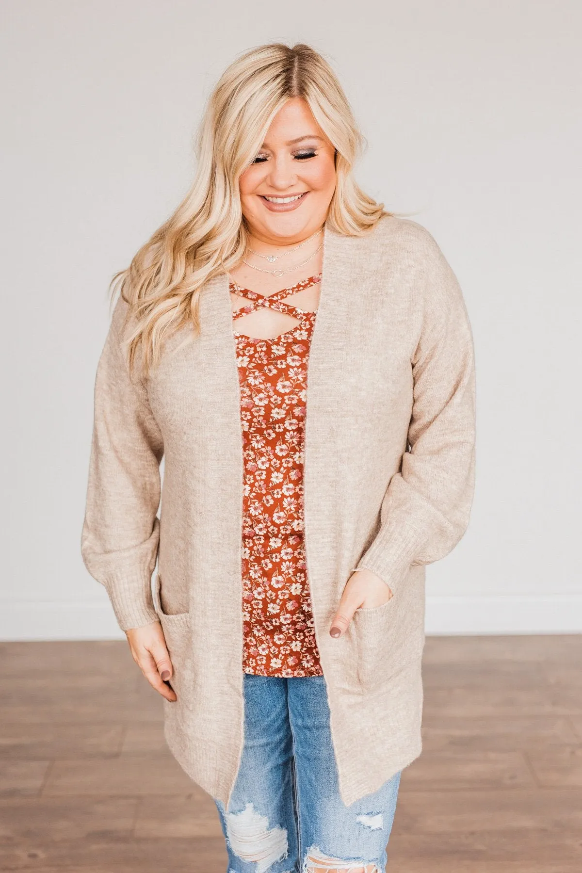 Talk Of The Town Long Knit Cardigan- Taupe