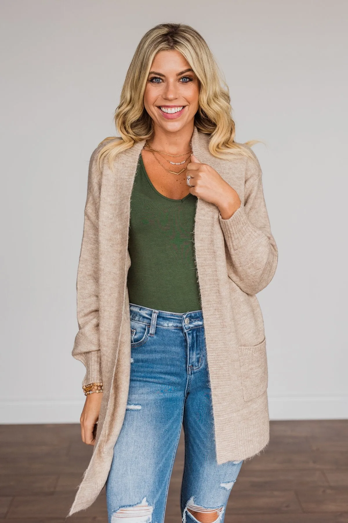 Talk Of The Town Long Knit Cardigan- Taupe