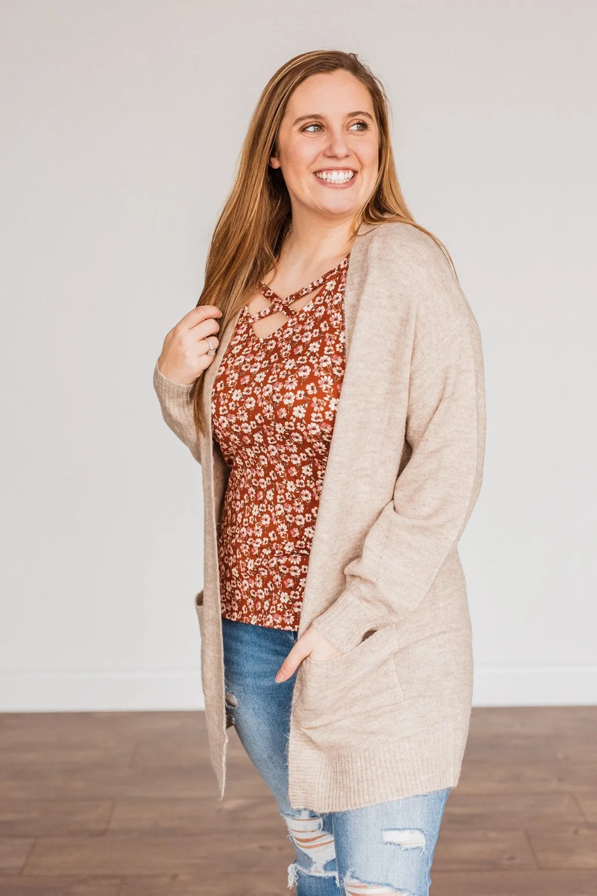 Talk Of The Town Long Knit Cardigan- Taupe