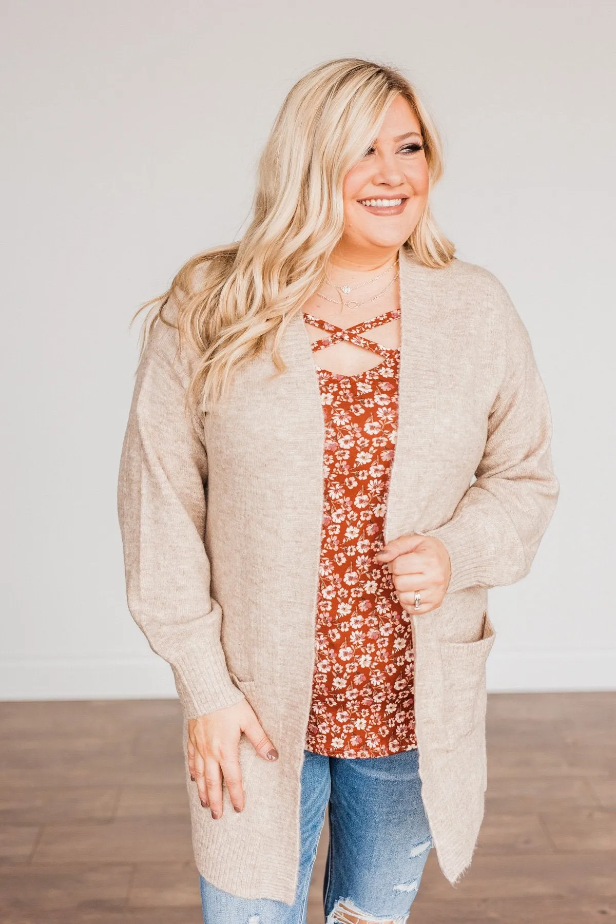 Talk Of The Town Long Knit Cardigan- Taupe