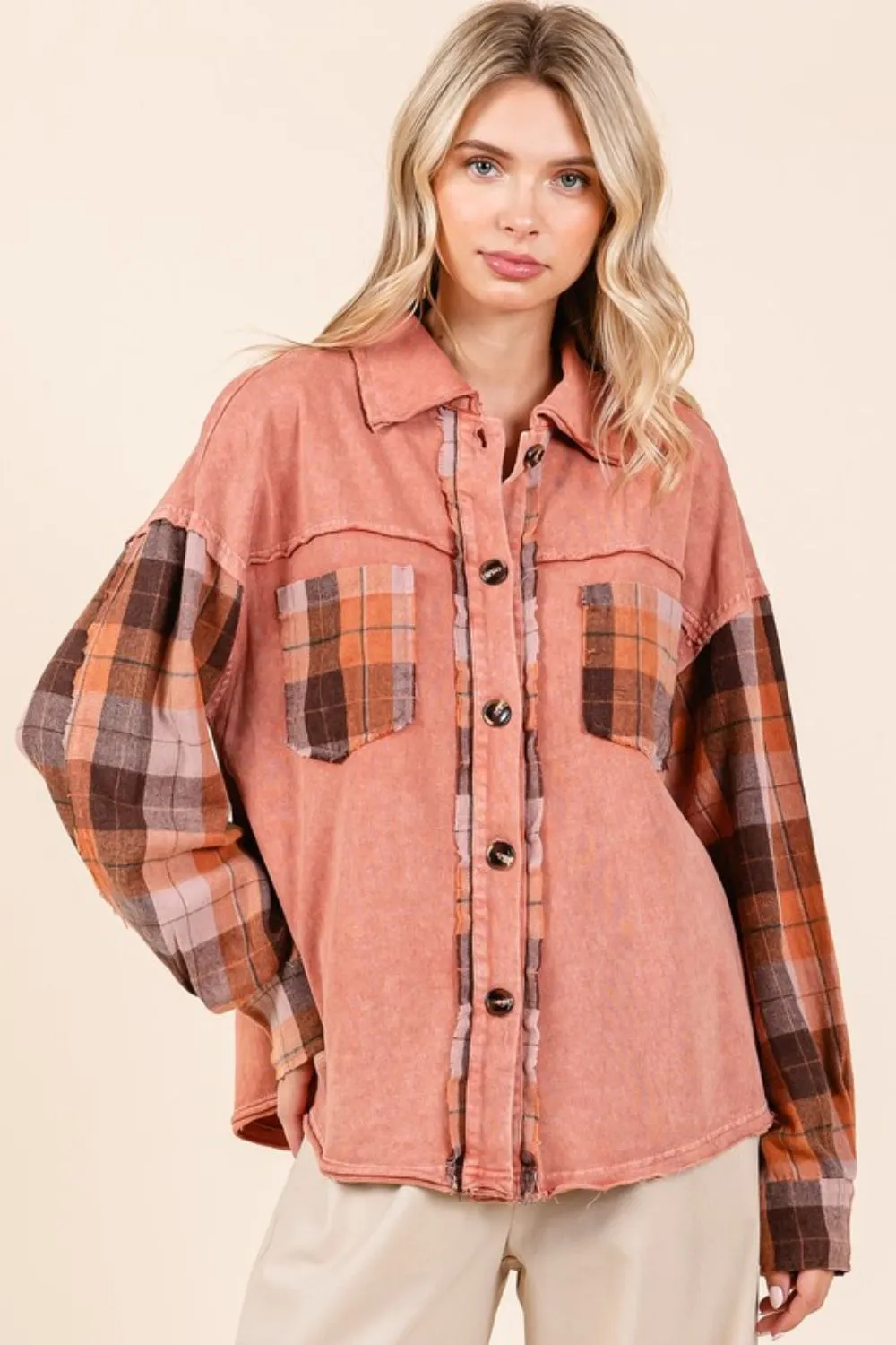 Terracotta Button Down Contrast Plaid Patchwork Shacket