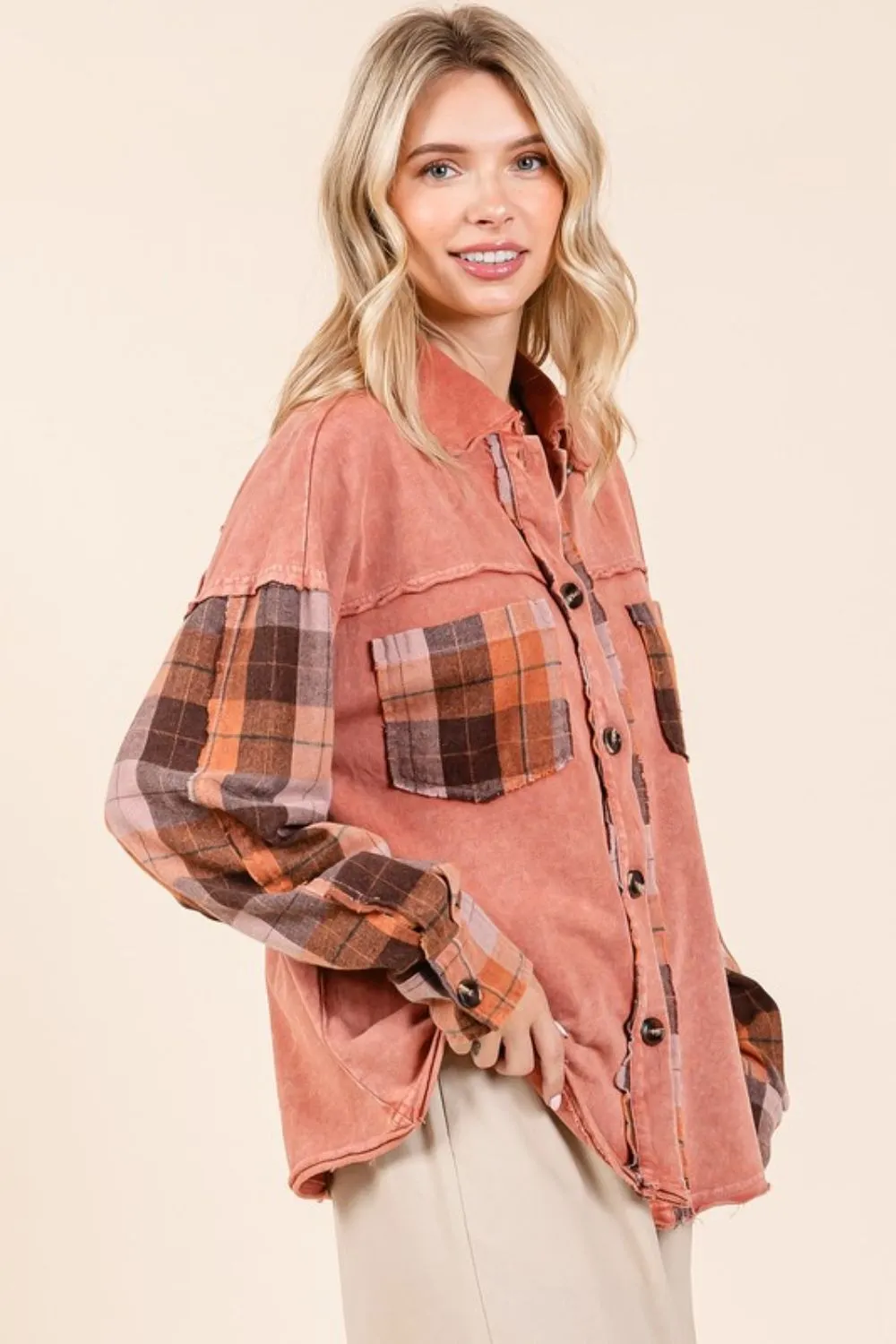 Terracotta Button Down Contrast Plaid Patchwork Shacket