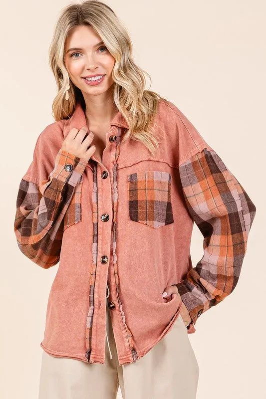 Terracotta Button Down Contrast Plaid Patchwork Shacket