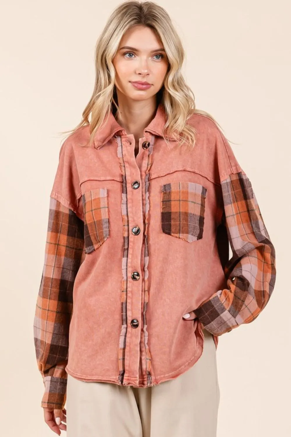 Terracotta Button Down Contrast Plaid Patchwork Shacket