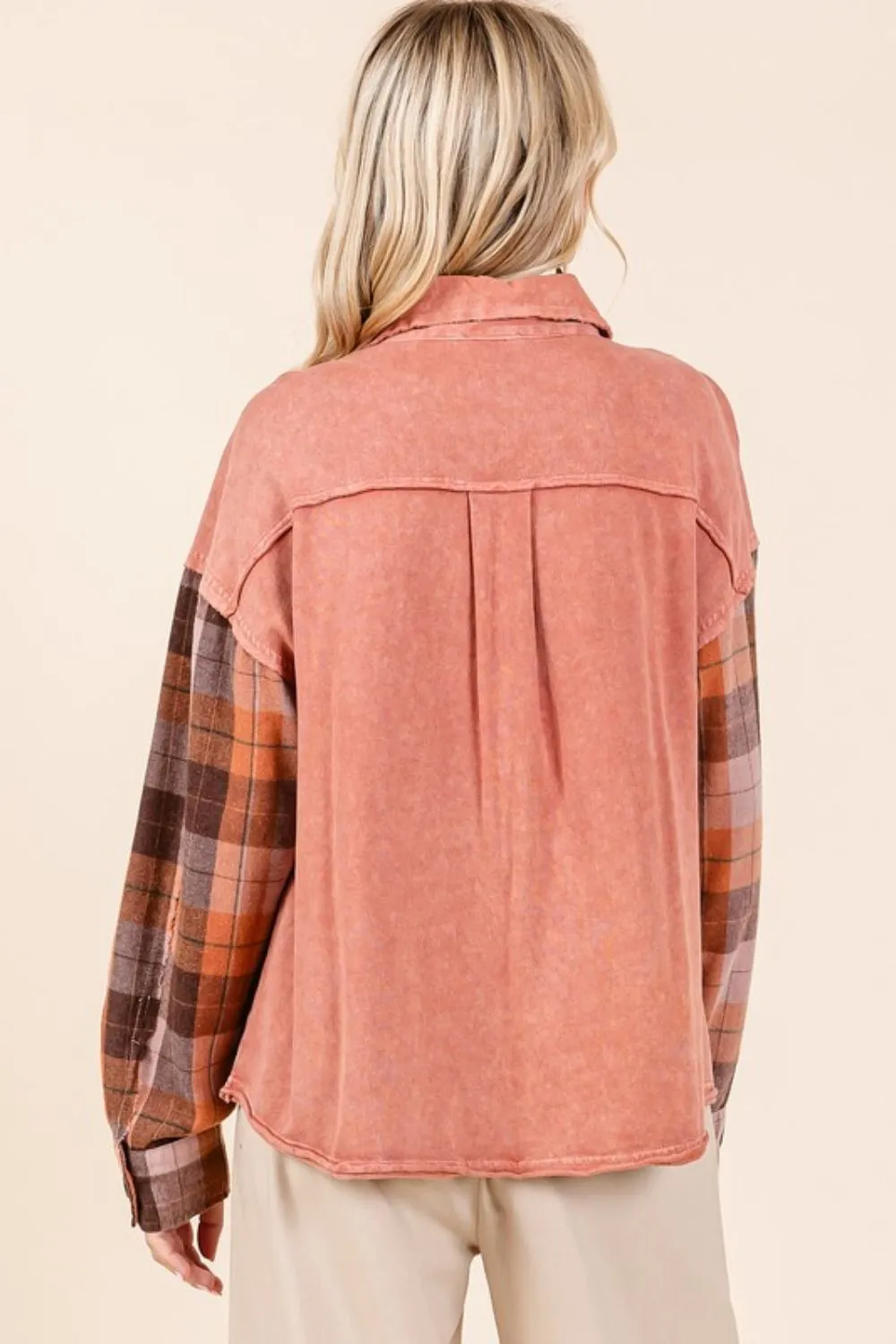 Terracotta Button Down Contrast Plaid Patchwork Shacket